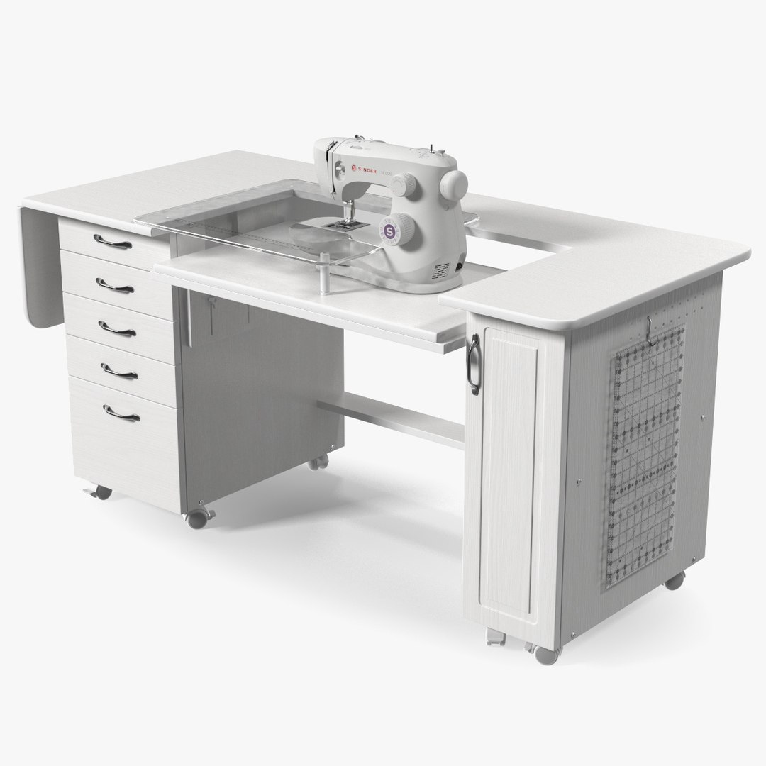 White Sewing Table Cabinet with Singer Sew Machine 3D model preview