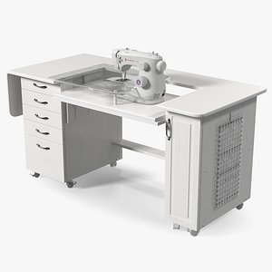 White Sewing Table Cabinet with Singer Sew Machine