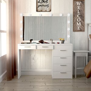 3D White LED Bulb Vanity Desk- Dressing Table-Subtle Grey Theme Bedroom model