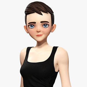 3D Black Dress Stylized Young Woman 3D Character Rigged Short Hair model