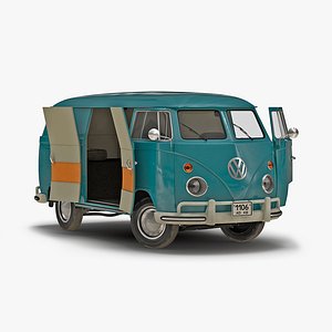 Volkswagen Type 2 Panel Van Rigged Blue 3D Model