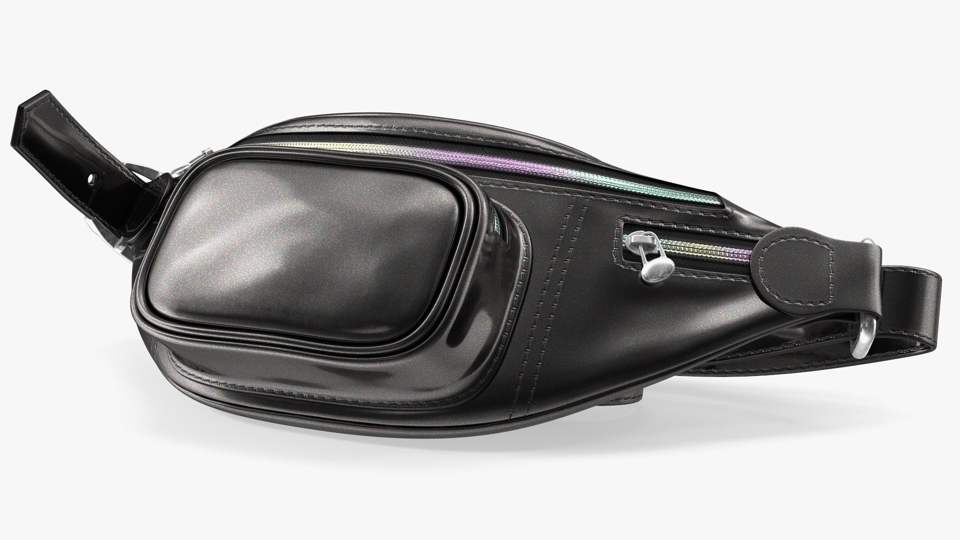 Varnished Black Leather Waist Bag Folded 3D model preview