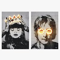 Rihanna and John Lennon posters with neon