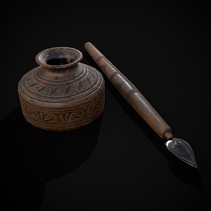 Elegant Wooden Inkpot Pen 3D model