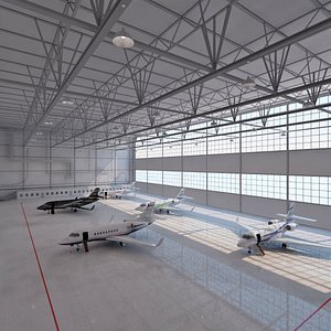 Aircraft hangar with aircrafts.