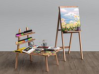 Wood Artist Easel With Full Painting Supplies 3D Model