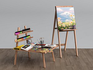Wood Artist Easel With Full Painting Supplies 3D Model