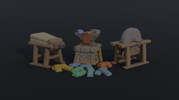 Low-poly Cartoon blacksmith kit Polygonal Style 3D