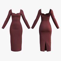 Long Sleeve Sweetheart Neck Bodycon Maxi Dress - Womens 3D Clothing Model