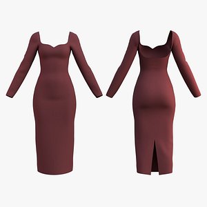 Long Sleeve Sweetheart Neck Bodycon Maxi Dress - Womens 3D Clothing Model