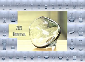 set of glass vessels, wine glass of decanter, 35 objects