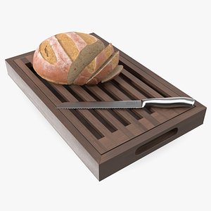 3D model Dark Wood Bread Cutting Board with Knife and Round Loaf