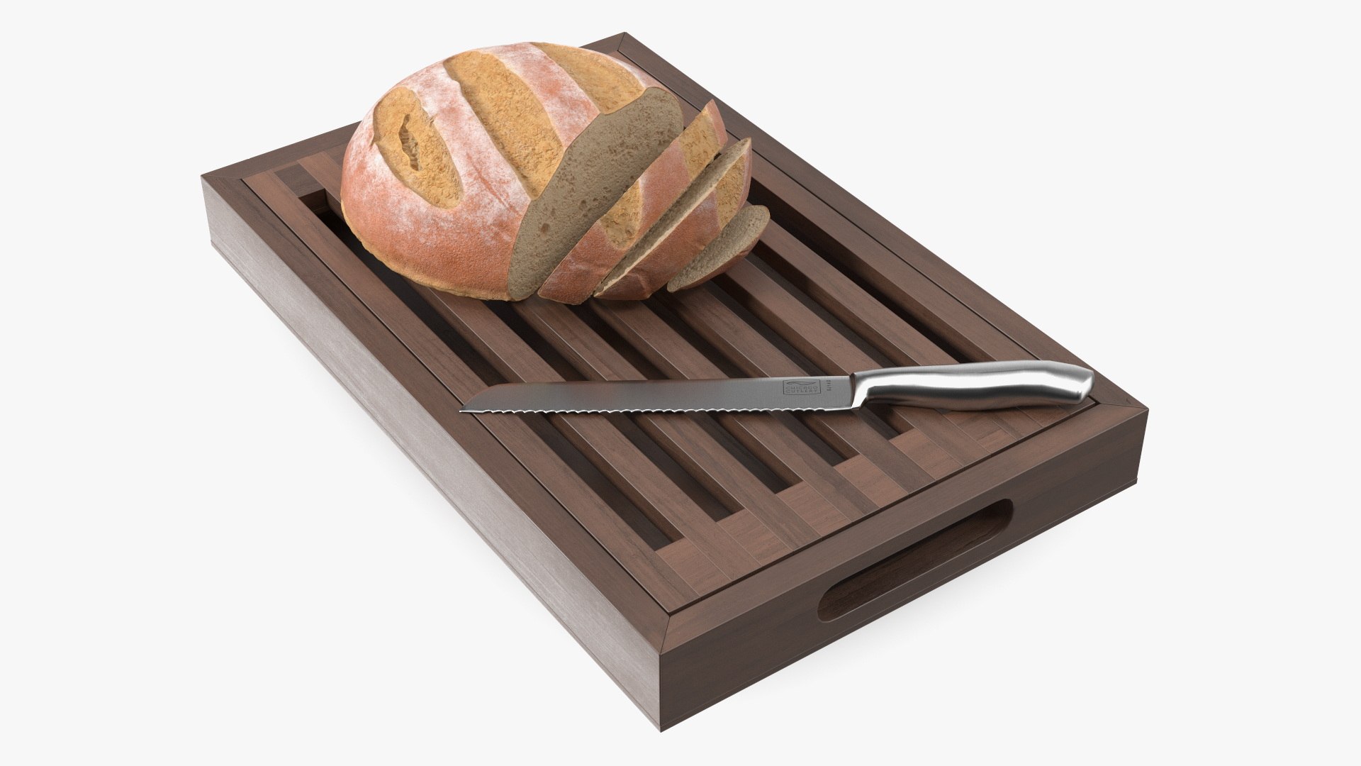 Dark Wood Bread Cutting Board with Knife and Round Loaf 3D model preview