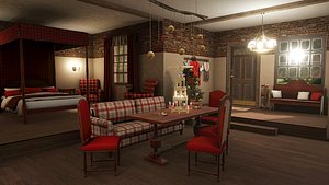 3D Christmas cozy house living room and bedroom