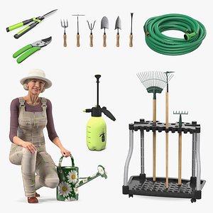 Old Lady with Gardening Tools Collection 3D
