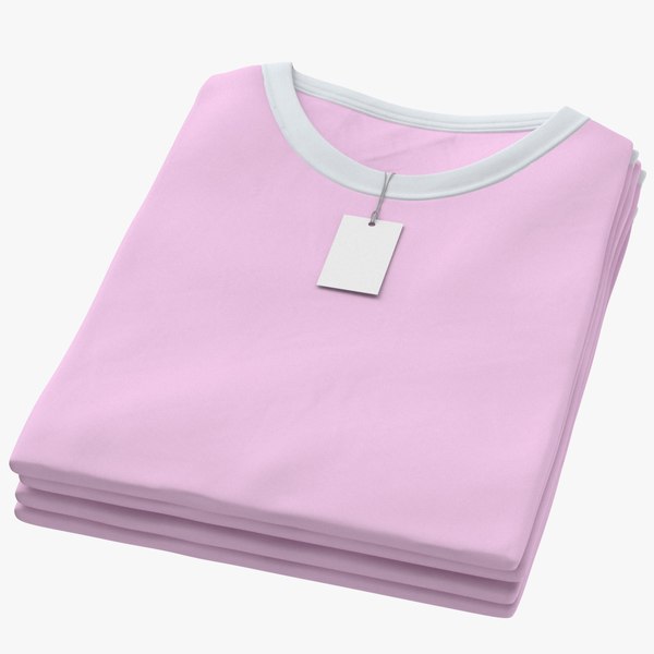 3D Female Crew Neck Folded Stacked With Tag White and Pink 02 model