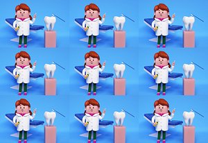Cartoon female doctor nurse dentist dental department dental surgery bed IP image woman red hair per 3D model