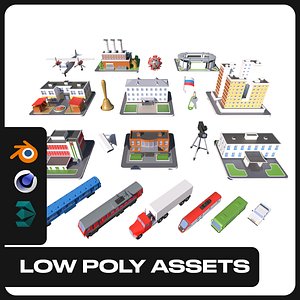 Stylized low poly buildings and assets pack 3D model