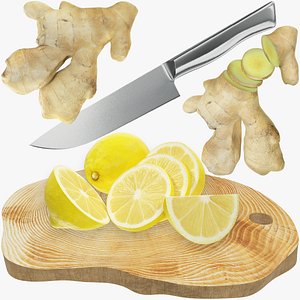 Ginger and Lemons with Knife on Cutting Board Collection V2 3D