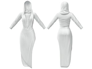 White Daring Deep Cleavage Cowl Front Asymmetric Skirt Hooded Popstar Dress