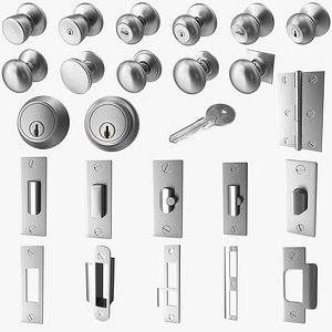 3D model Steel DoorKnob Lock Key Latch Hinge Collection V01