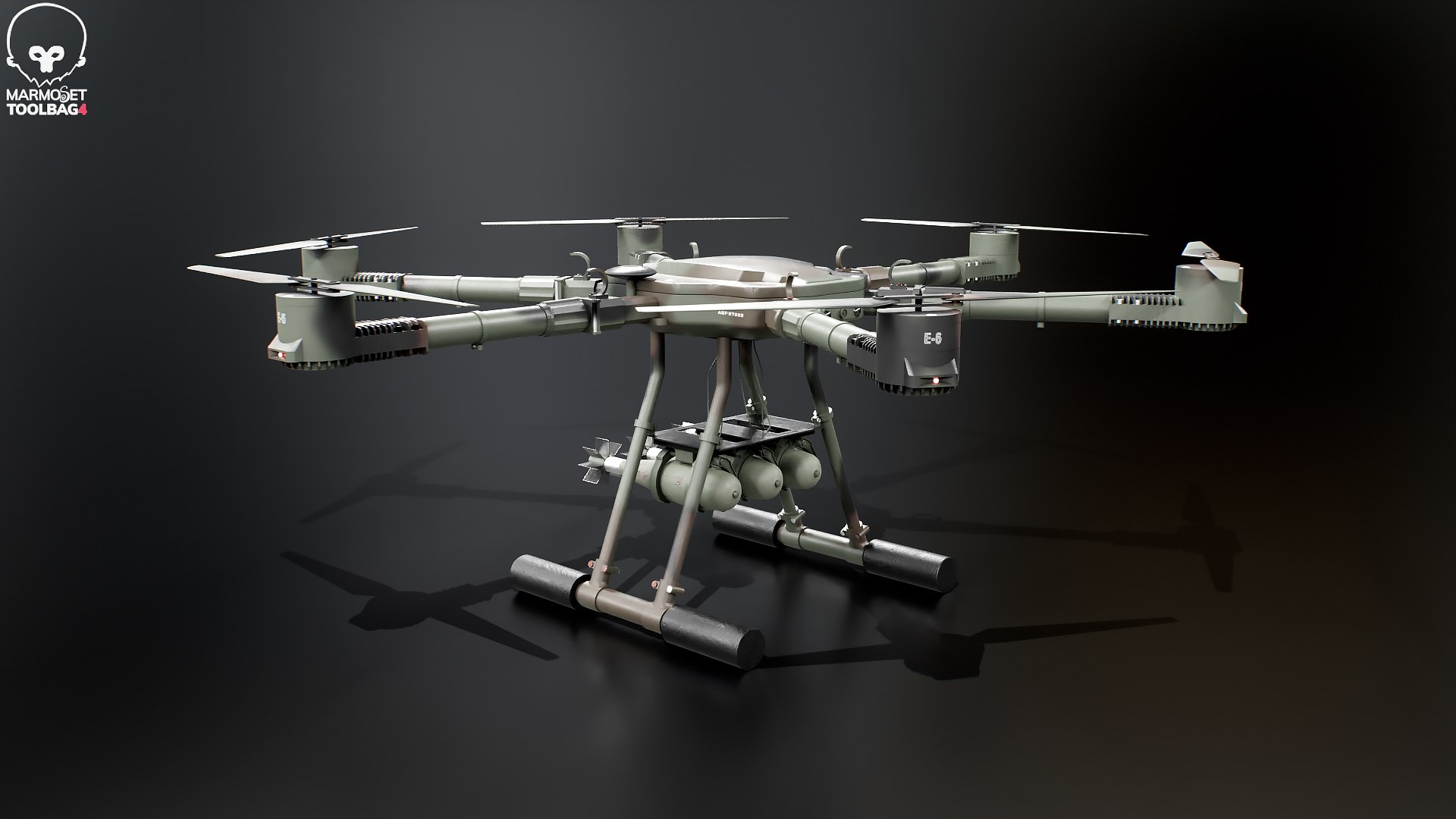 Military Hexacopter UAV -  Combat Drone with Bombs  Camuflage 3D model https://p.turbosquid.com/ts-thumb/q7/by6l9D/1z/b_drone_camo_toolbag_001/png/1778269465/1920x1080/fit_q87/5776d3ed0f50170f5a4ebb689be2d34417225354/b_drone_camo_toolbag_001.jpg