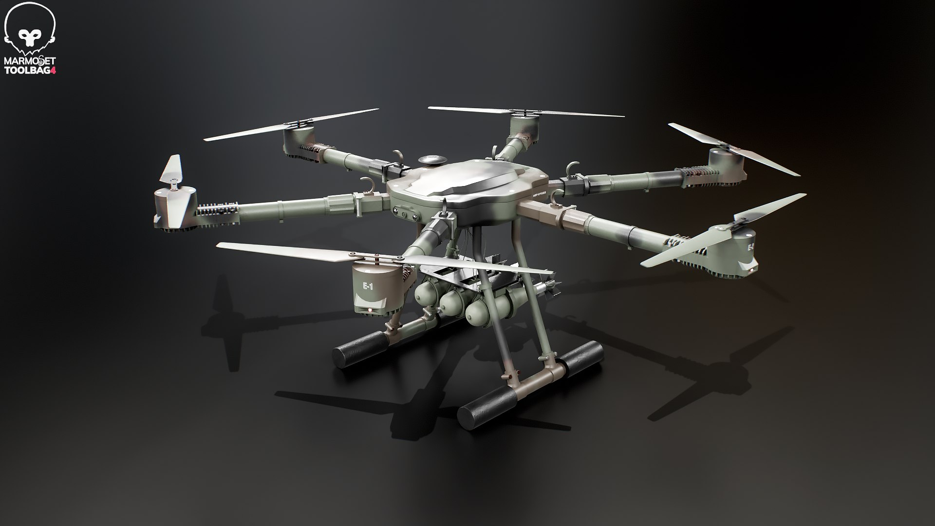 Military Hexacopter UAV -  Combat Drone with Bombs  Camuflage 3D model https://p.turbosquid.com/ts-thumb/q7/by6l9D/8Q/b_drone_camo_toolbag/png/1778269463/1920x1080/fit_q87/c71c28c73531f01d37b12976ca4d4579bd7b4c48/b_drone_camo_toolbag.jpg