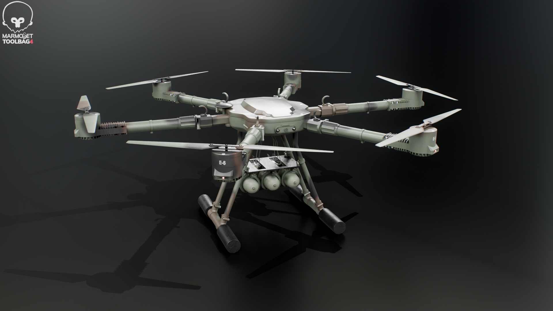 Military Hexacopter UAV -  Combat Drone with Bombs  Camuflage 3D model https://p.turbosquid.com/ts-thumb/q7/by6l9D/q4/b_drone_camo_turn__/png/1778269219/1920x1080/turn_fit_q99/3548648df17a1101bed9aed76d0e22bea5240e6c/b_drone_camo_turn__-1.jpg