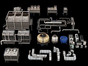 3D Industrial Rooftop HVAC Cooling Tower And Pipe Collection