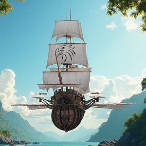 Flying Sailing Ship with Pirate and Treasure Chests 3D model
