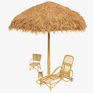 A Thatched bamboo shelter wicker sunshade with lounge