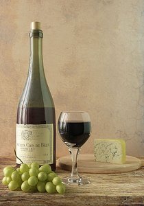 Bottle of Wine with Grapes and Cheese