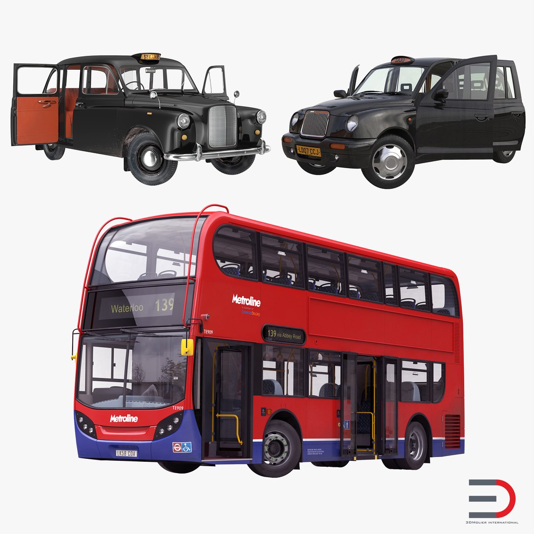 London Bus and Taxi Rigged Vehicle 3D Models Set 3D model preview