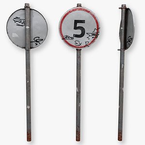Street sign 5 max speed rusty post apocalyptic muddy soily dirty