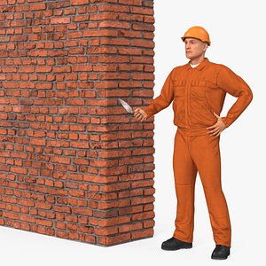 3D Old Brick Red Wall With Worker