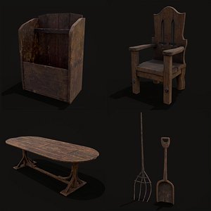 3D model Rustic Medieval Wood Furniture Mix Four