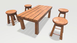 Wooden Stool and Table 3D model