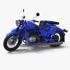 Retro Classic Blue Motorcycle with Sidecar Rigged for Maya