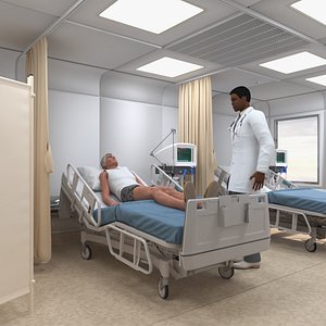 3D Modern Intensive Care Hospital Ward with Patient