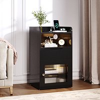 Black LED Nightstand with Drawer  Glass Door Modern Bedroom Side Table