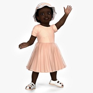 3D Little African Girl in Summer Outfit Fur Rigged