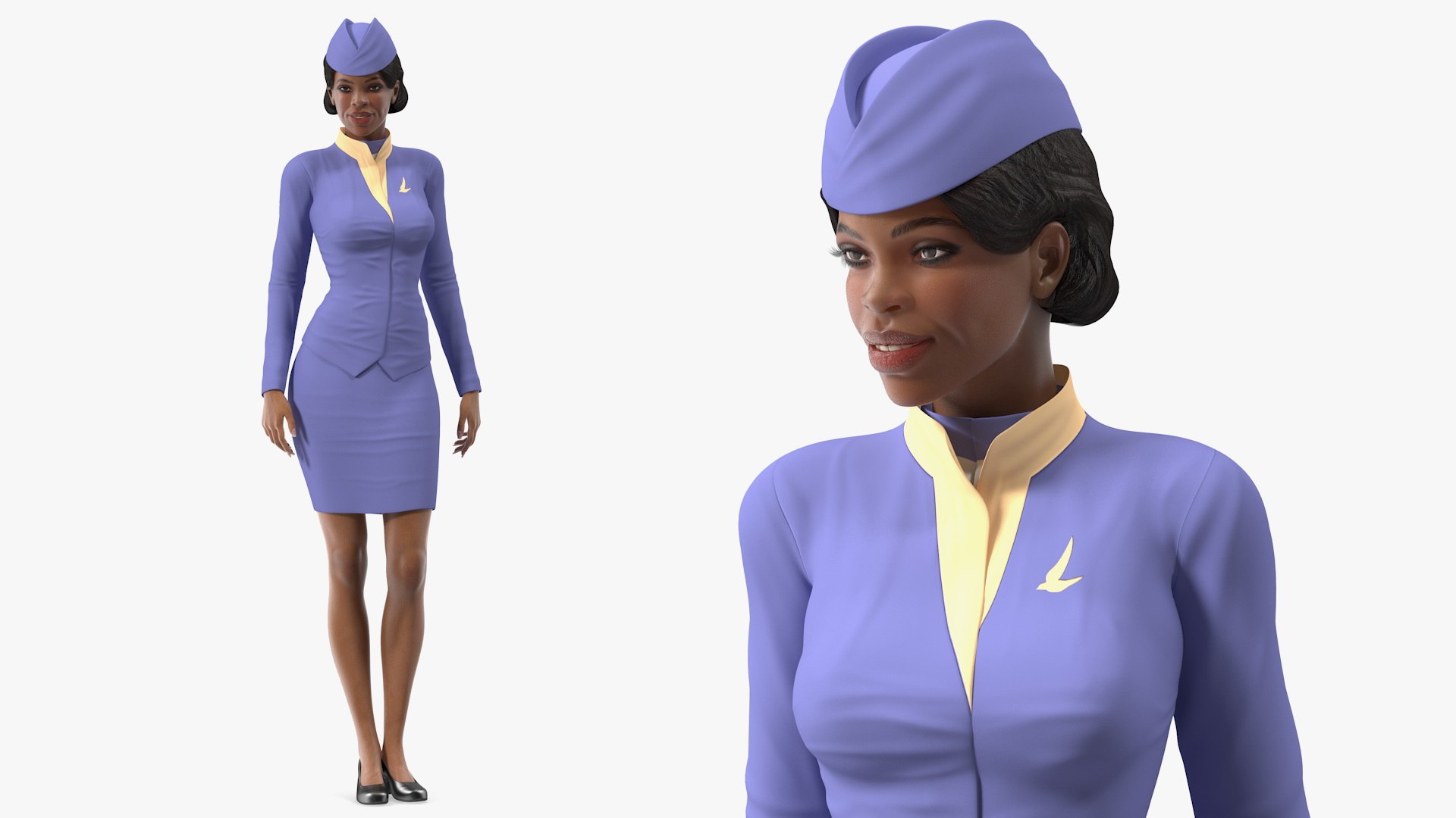 Light Skin Black Stewardess Standing Pose 3D model preview