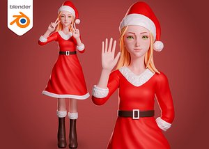 3D Santa girl cartoon character - Rigged model