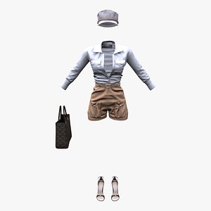 Women Marin Fashion Summer Outfit Shorts Shirt Hat Handbag Shoes model