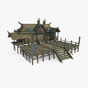 3D Ancient Asian Architecture Thatched Cottage Hall