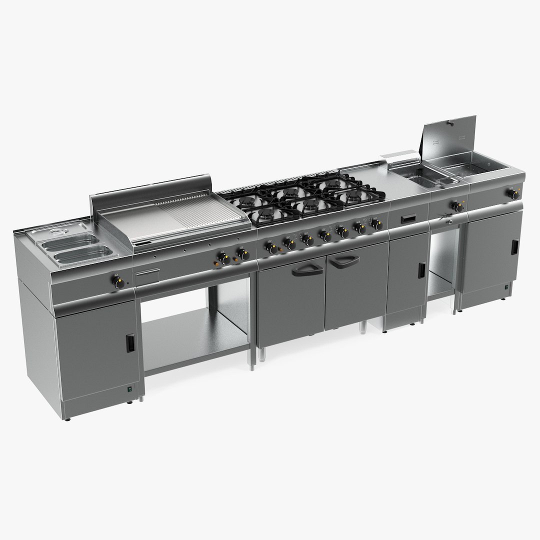 Professional Inox Kitchen Equipment Set 3D model preview