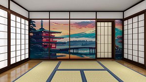 Japanese oriental tea room interior with shoji screen and tatami