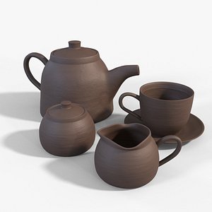 Clay teapot set with sugar bowl and cream bowl