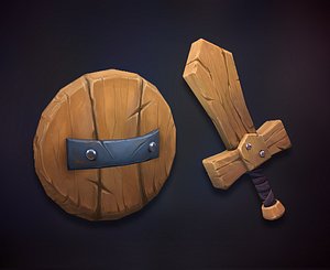 wooden shield sword 3D model