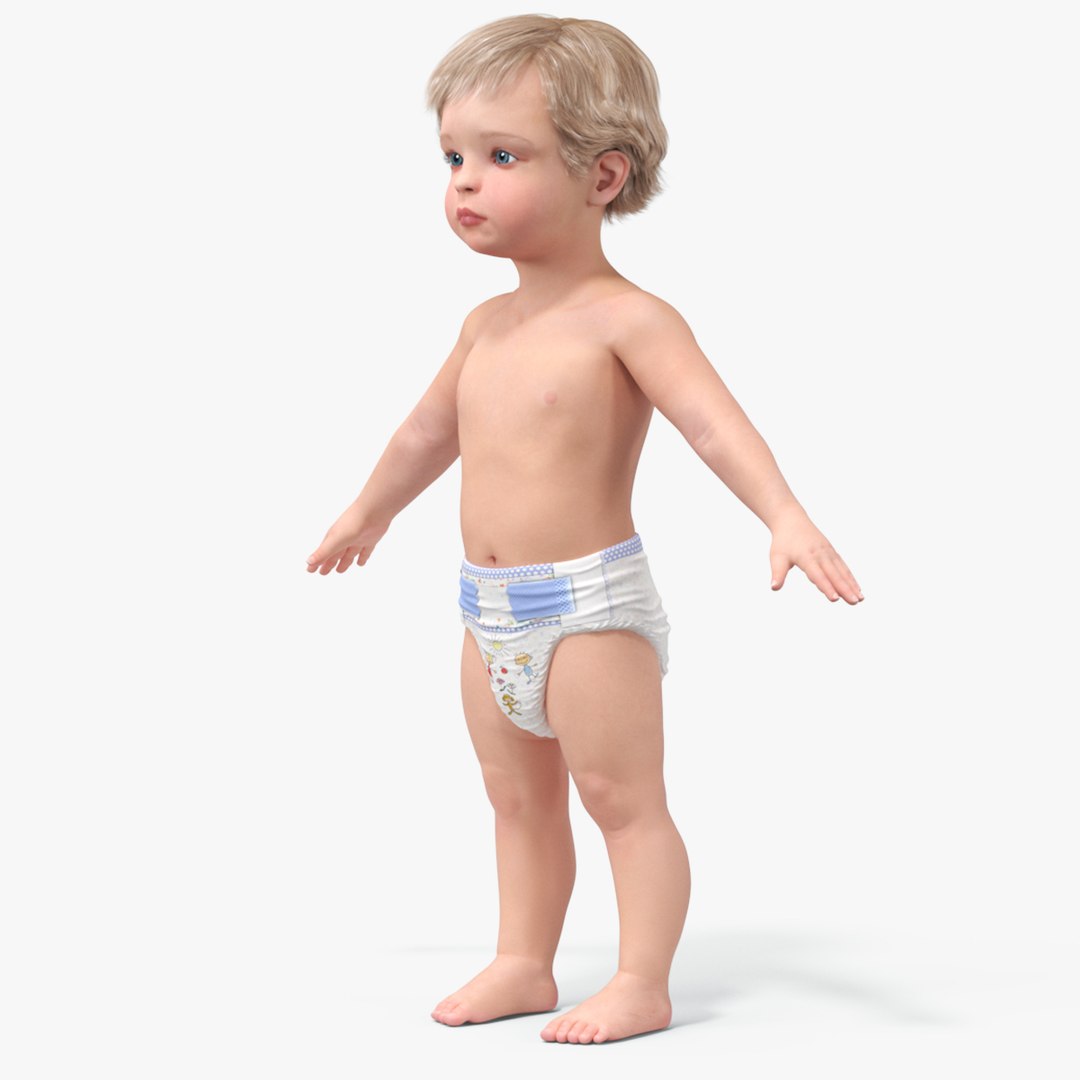 Boy Aged 1 Year in Diaper A-Pose 3D model preview